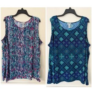 Lot of 2 Catherines 3X Plus Size Sleeveless Blouse Blue Geometric Abstract